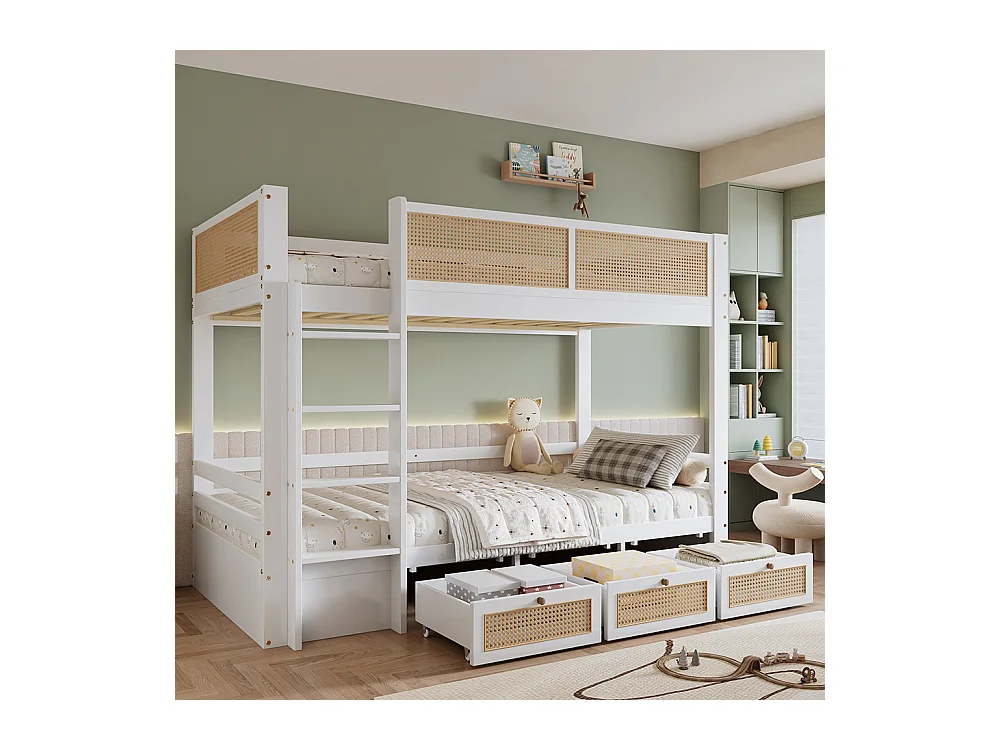 Lit superposé enfant 90x200 barrière rotin tressé trois tiroirs roulettes sommiers lattes robustes barrières sécurité pin MDF contreplaqué blanc et naturel