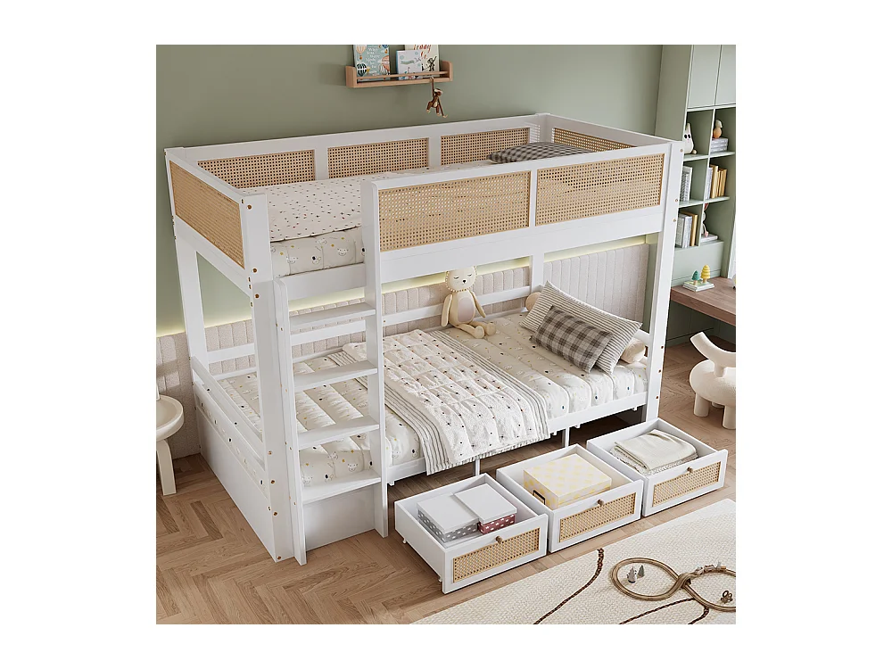 Lit superposé enfant 90x200 barrière rotin tressé trois tiroirs roulettes sommiers lattes robustes barrières sécurité pin MDF contreplaqué blanc et naturel