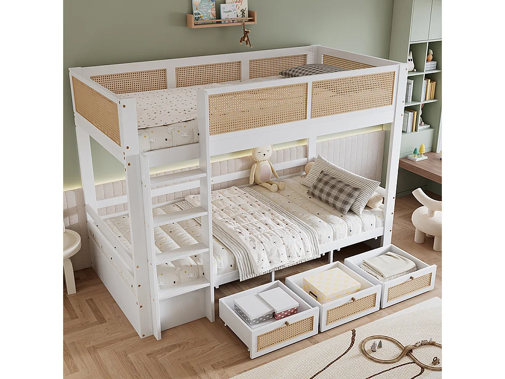 Lit superposé enfant 90x200 barrière rotin tressé trois tiroirs roulettes sommiers lattes robustes barrières sécurité pin MDF contreplaqué blanc et naturel