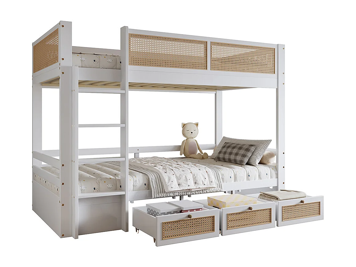 Lit superposé enfant 90x200 barrière rotin tressé trois tiroirs roulettes sommiers lattes robustes barrières sécurité pin MDF contreplaqué blanc et naturel
