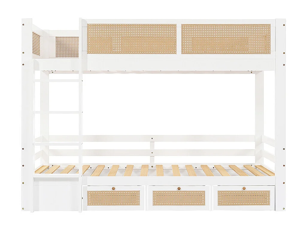 Lit superposé enfant 90x200 barrière rotin tressé trois tiroirs roulettes sommiers lattes robustes barrières sécurité pin MDF contreplaqué blanc et naturel