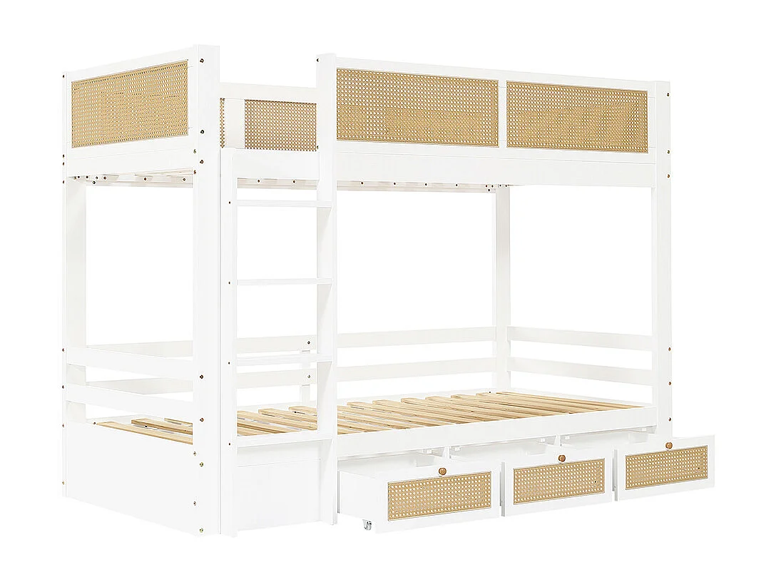 Lit superposé enfant 90x200 barrière rotin tressé trois tiroirs roulettes sommiers lattes robustes barrières sécurité pin MDF contreplaqué blanc et naturel