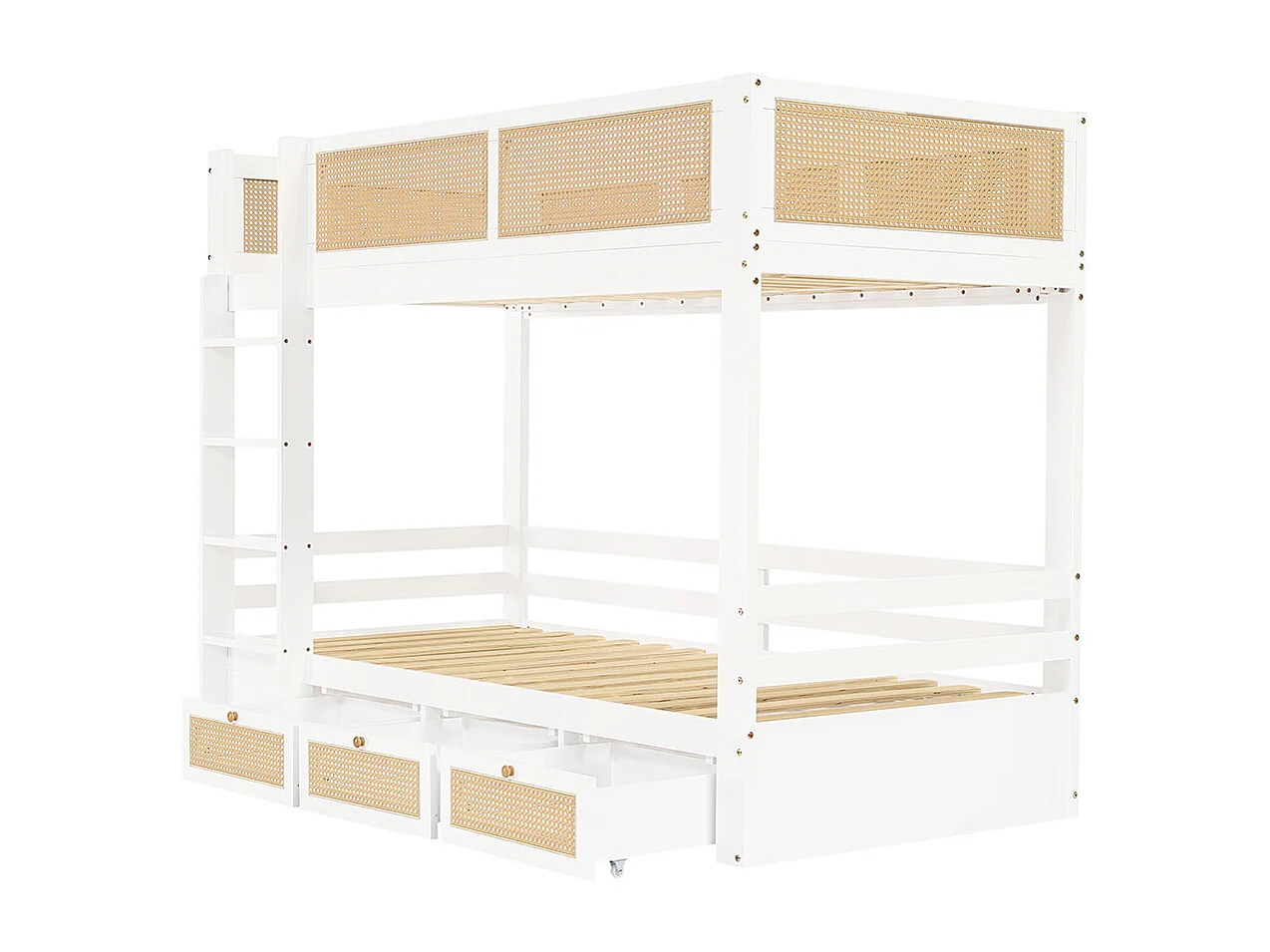 Lit superposé enfant 90x200 barrière rotin tressé trois tiroirs roulettes sommiers lattes robustes barrières sécurité pin MDF contreplaqué blanc et naturel