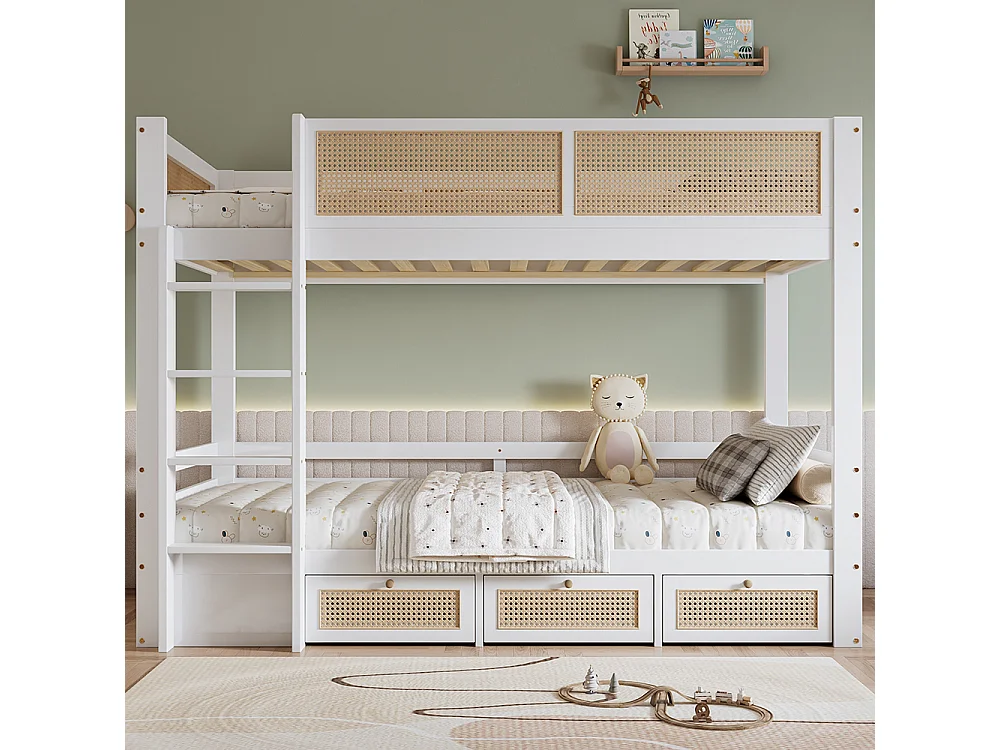 Lit superposé enfant 90x200 barrière rotin tressé trois tiroirs roulettes sommiers lattes robustes barrières sécurité pin MDF contreplaqué blanc et naturel