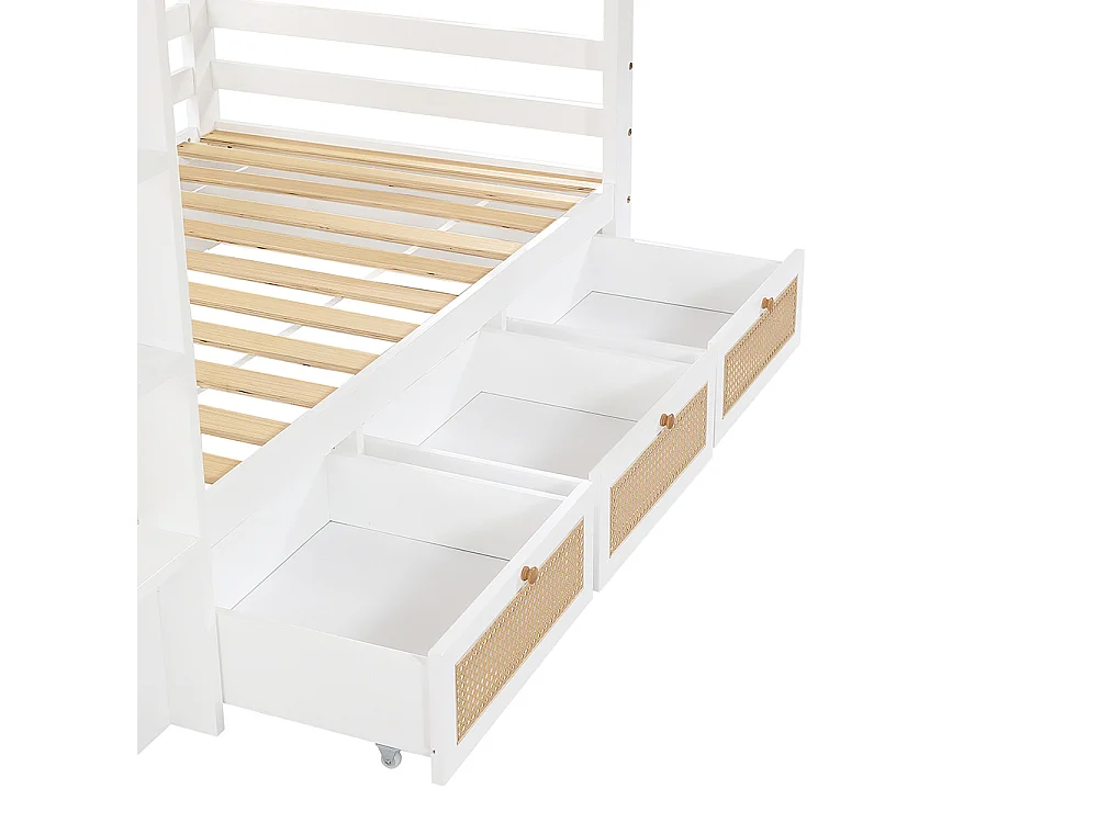 Lit superposé enfant 90x200 barrière rotin tressé trois tiroirs roulettes sommiers lattes robustes barrières sécurité pin MDF contreplaqué blanc et naturel