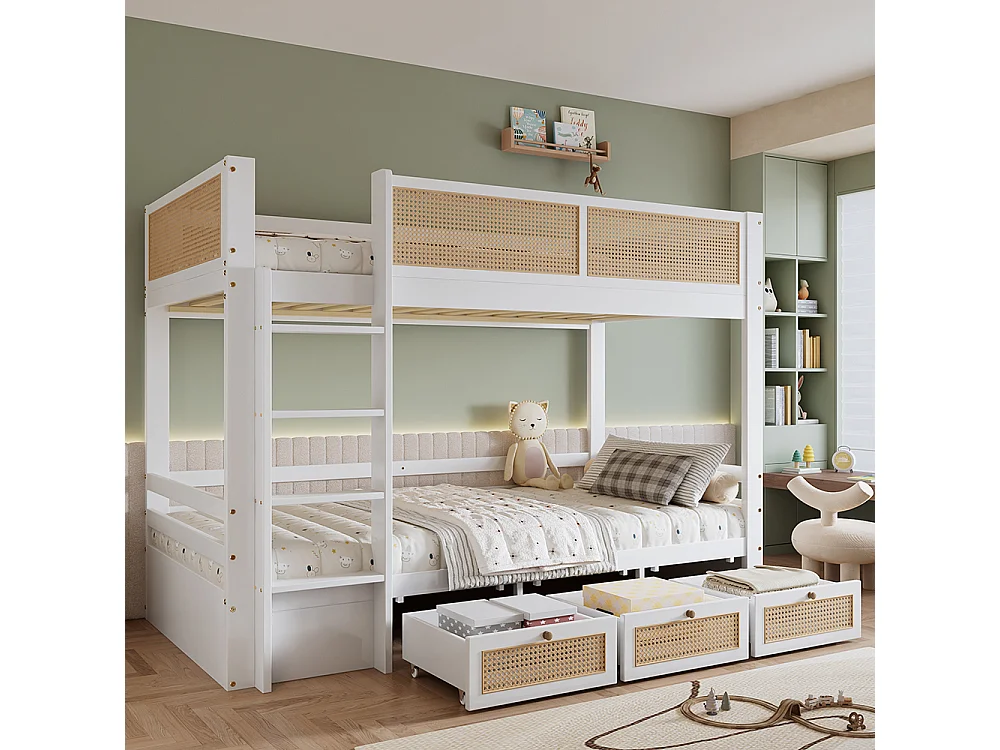 Lit superposé enfant 90x200 barrière rotin tressé trois tiroirs roulettes sommiers lattes robustes barrières sécurité pin MDF contreplaqué blanc et naturel