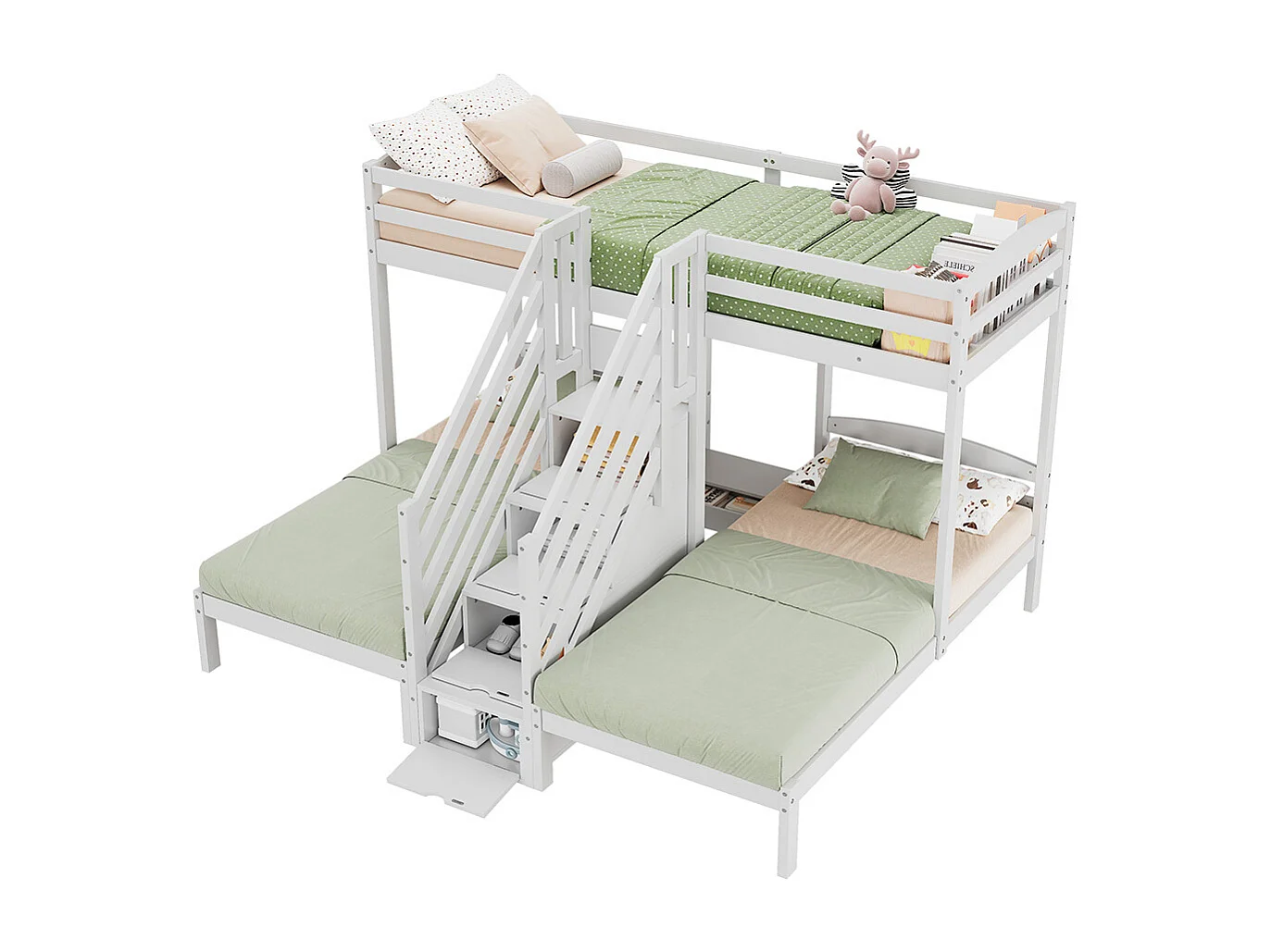 Lit superposé enfant 90x200 cm 3 lits bois de pin échelle escamotable avec tiroirs barrière de sécurité blanc