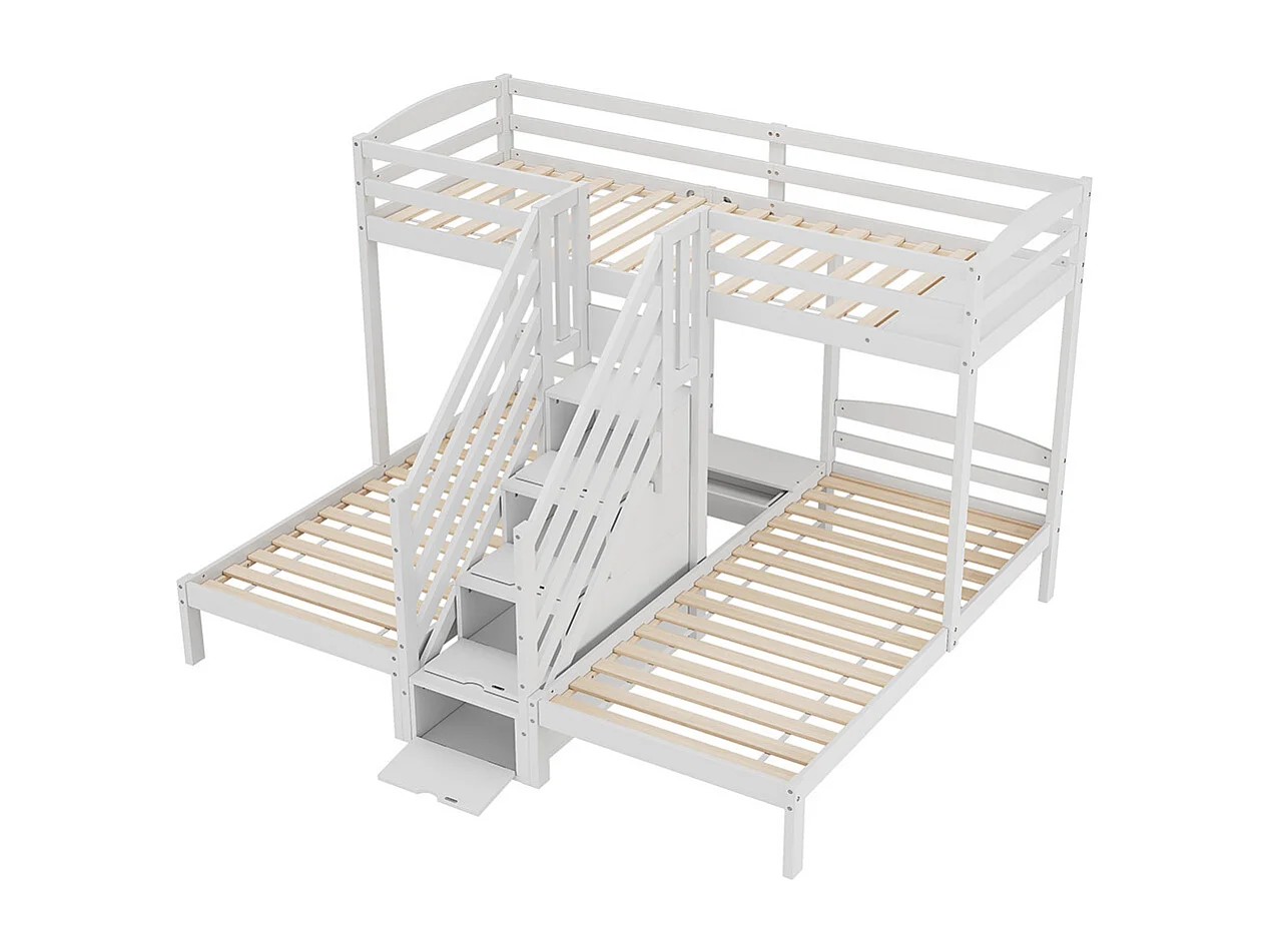 Lit superposé enfant 90x200 cm 3 lits bois de pin échelle escamotable avec tiroirs barrière de sécurité blanc