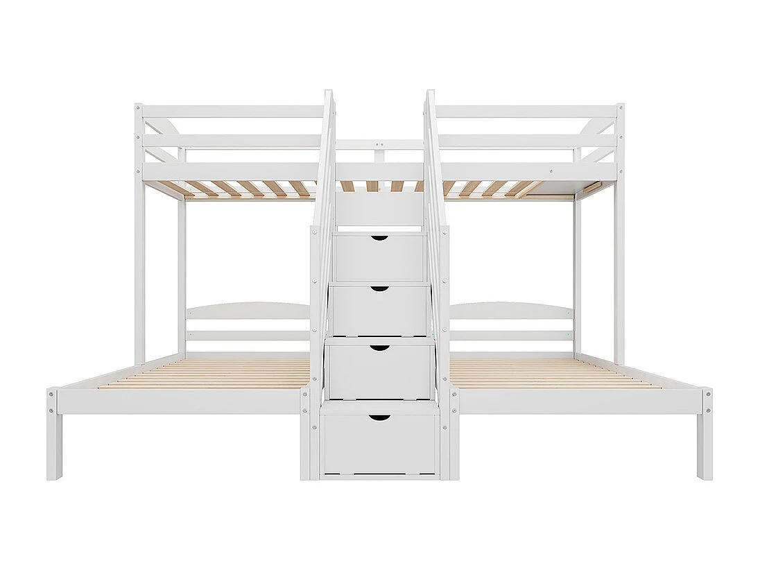 Lit superposé enfant 90x200 cm 3 lits bois de pin échelle escamotable avec tiroirs barrière de sécurité blanc