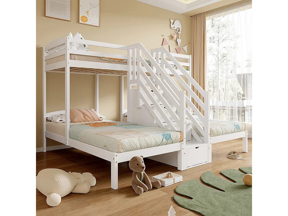 Lit superposé enfant 90x200 cm 3 lits bois de pin échelle escamotable avec tiroirs barrière de sécurité blanc