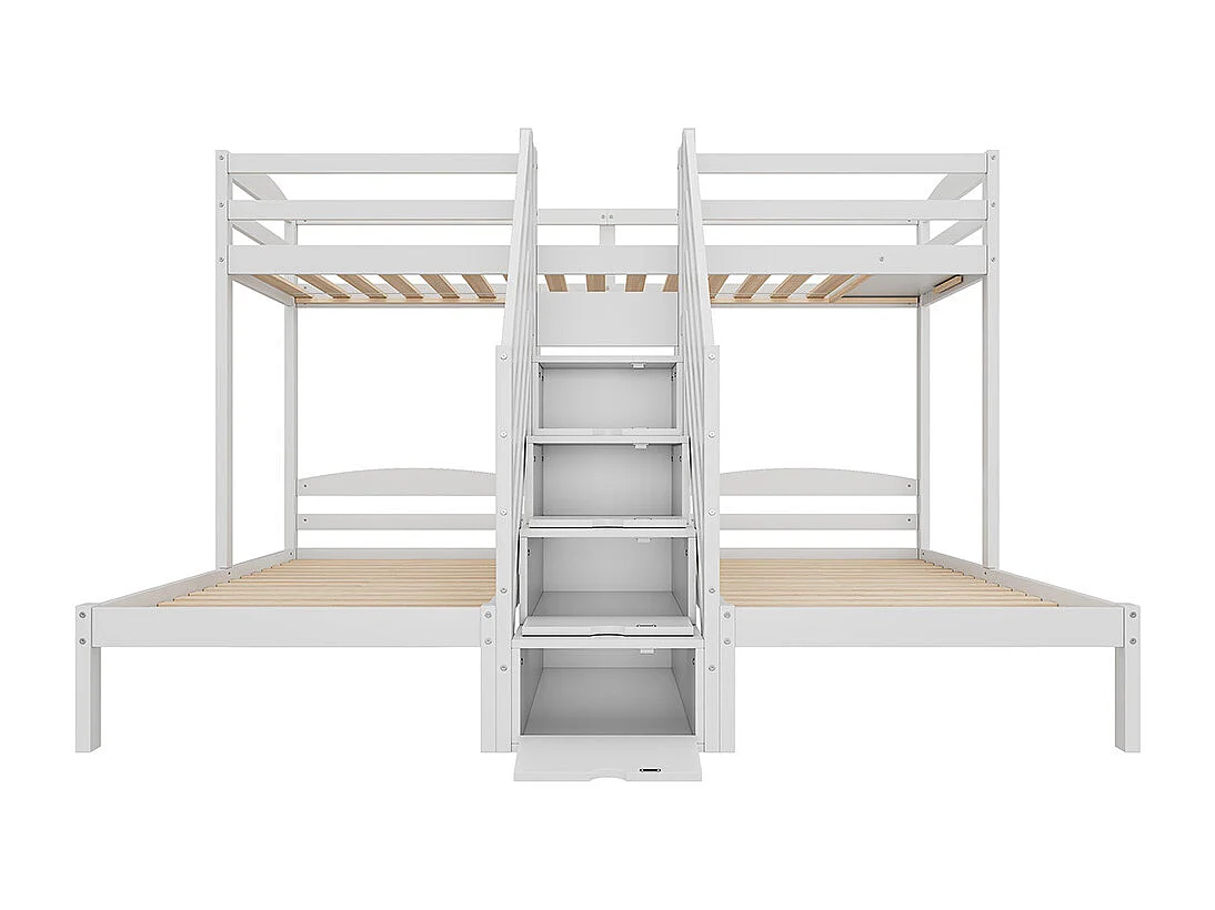 Lit superposé enfant 90x200 cm 3 lits bois de pin échelle escamotable avec tiroirs barrière de sécurité blanc