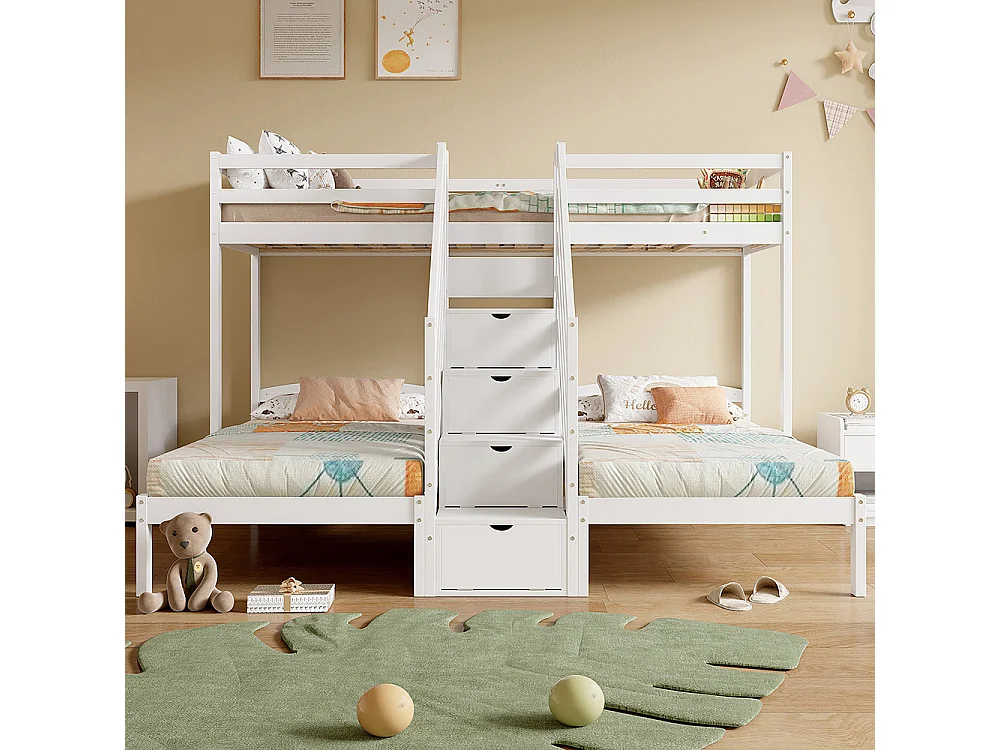 Lit superposé enfant 90x200 cm 3 lits bois de pin échelle escamotable avec tiroirs barrière de sécurité blanc