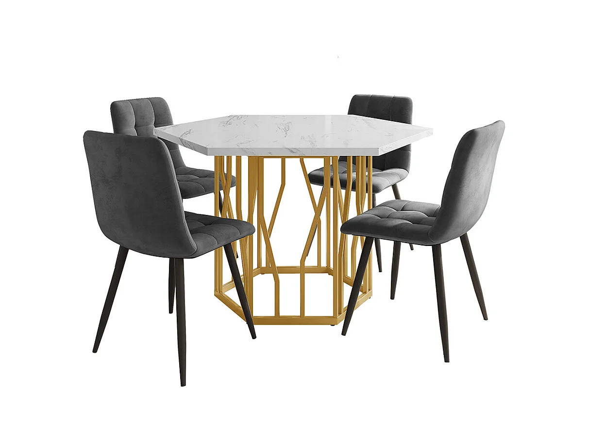 Ensemble table chaises 5 pièces table hexagonale marbre moderne 4 chaises velours gris pieds dorés