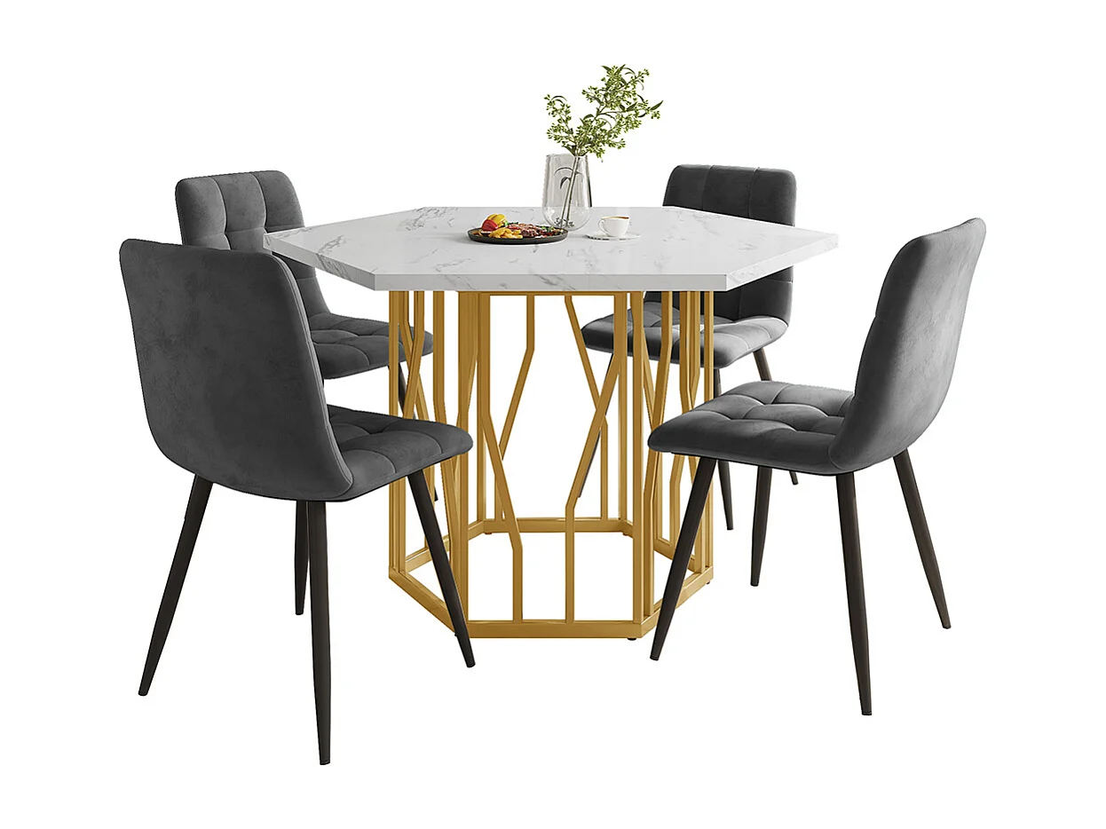 Ensemble table chaises 5 pièces table hexagonale marbre moderne 4 chaises velours gris pieds dorés