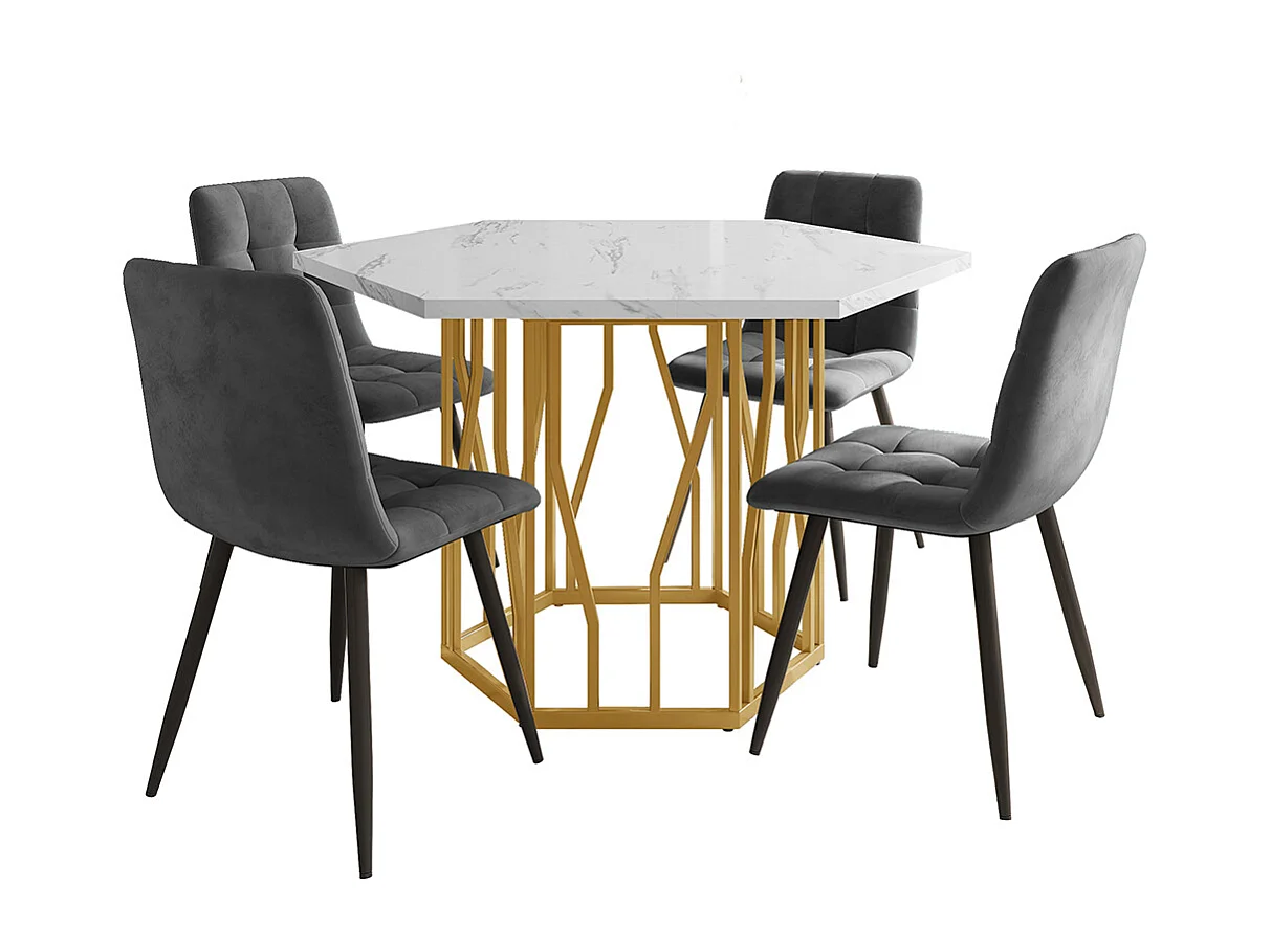 Ensemble table chaises 5 pièces table hexagonale marbre moderne 4 chaises velours gris pieds dorés