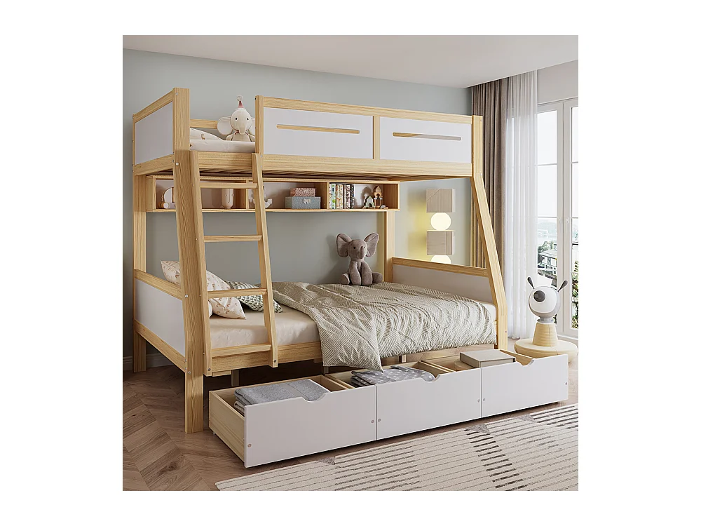 Lit superposé enfant 90x200 et 120x200 trois tiroirs roulettes support livres 2m barrière sécurité échelle pin MDF contreplaqué blanc et naturel