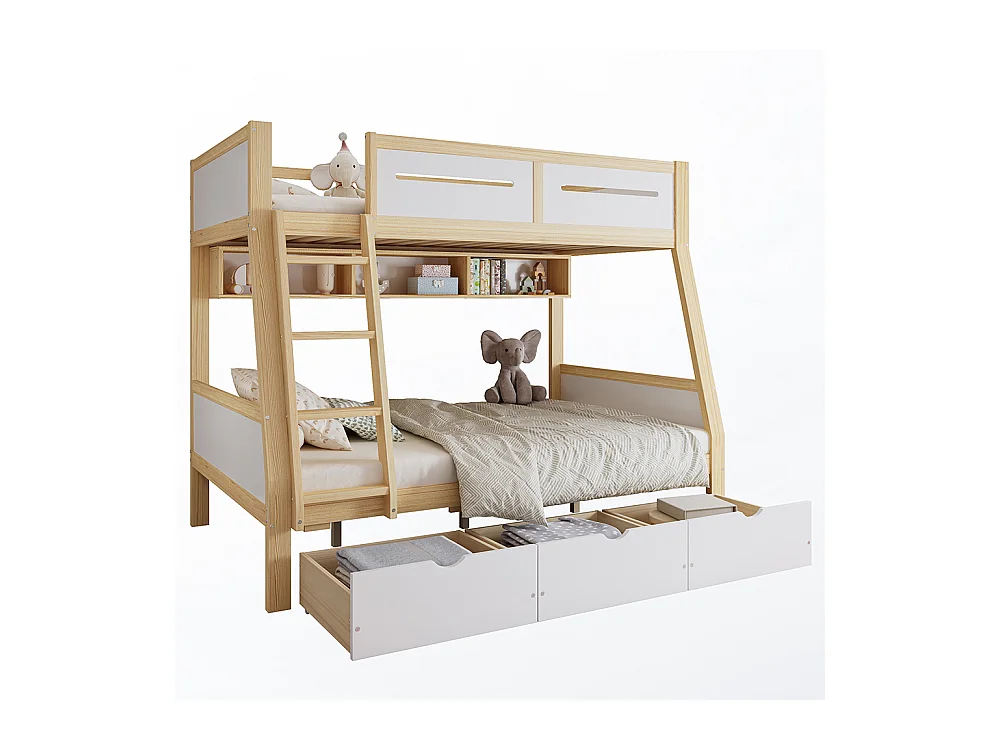 Lit superposé enfant 90x200 et 120x200 trois tiroirs roulettes support livres 2m barrière sécurité échelle pin MDF contreplaqué blanc et naturel