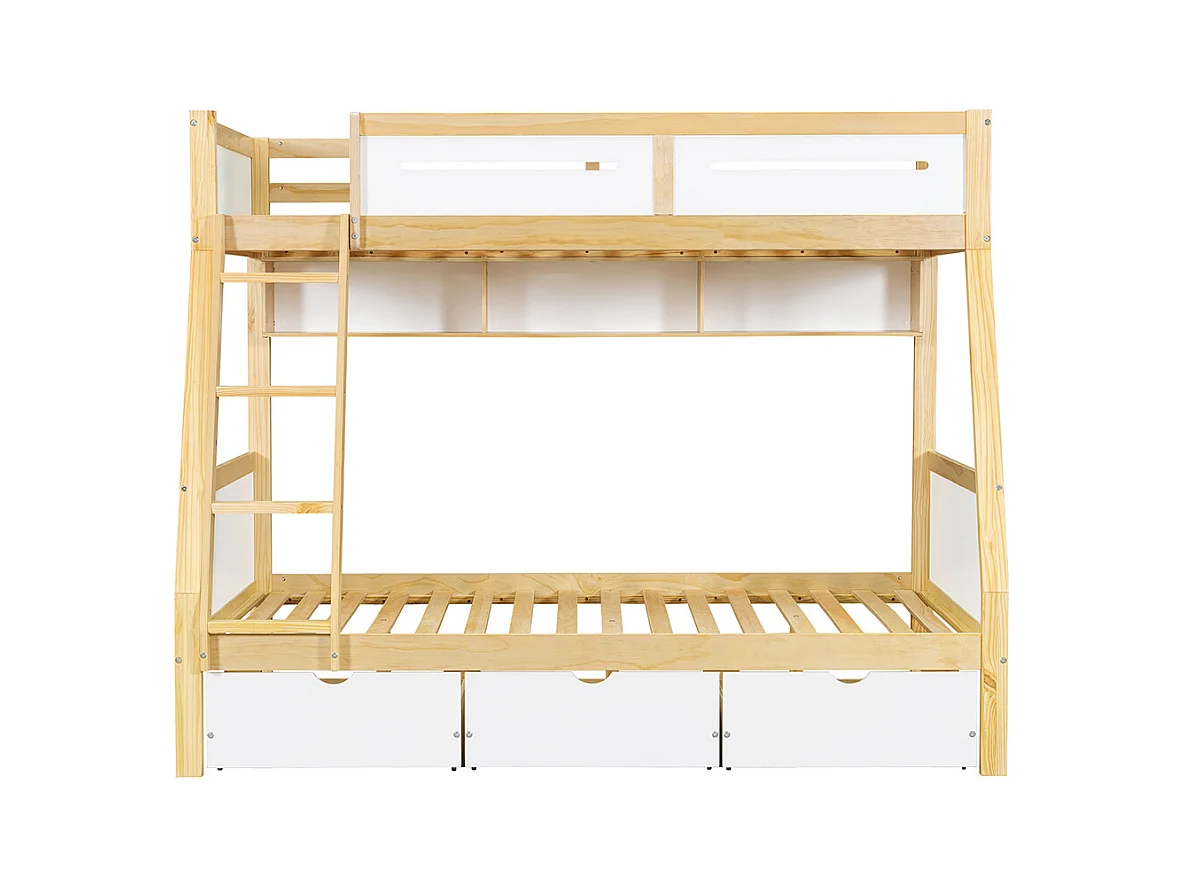 Lit superposé enfant 90x200 et 120x200 trois tiroirs roulettes support livres 2m barrière sécurité échelle pin MDF contreplaqué blanc et naturel