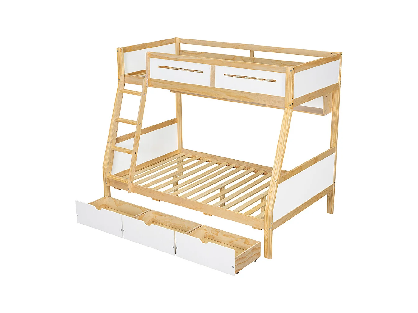 Lit superposé enfant 90x200 et 120x200 trois tiroirs roulettes support livres 2m barrière sécurité échelle pin MDF contreplaqué blanc et naturel