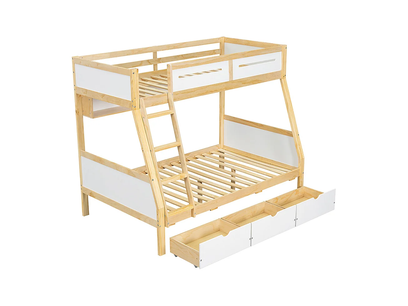Lit superposé enfant 90x200 et 120x200 trois tiroirs roulettes support livres 2m barrière sécurité échelle pin MDF contreplaqué blanc et naturel