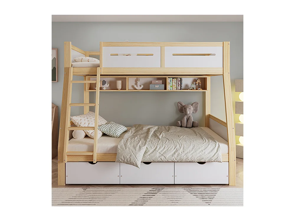 Lit superposé enfant 90x200 et 120x200 trois tiroirs roulettes support livres 2m barrière sécurité échelle pin MDF contreplaqué blanc et naturel