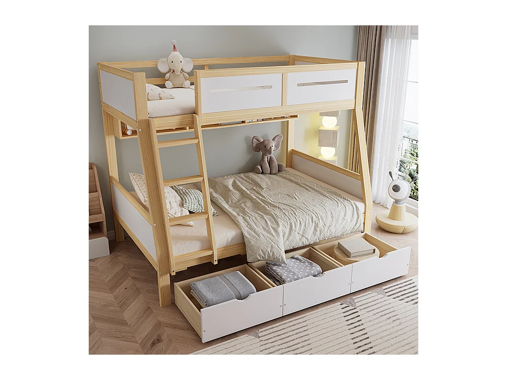 Lit superposé enfant 90x200 et 120x200 trois tiroirs roulettes support livres 2m barrière sécurité échelle pin MDF contreplaqué blanc et naturel