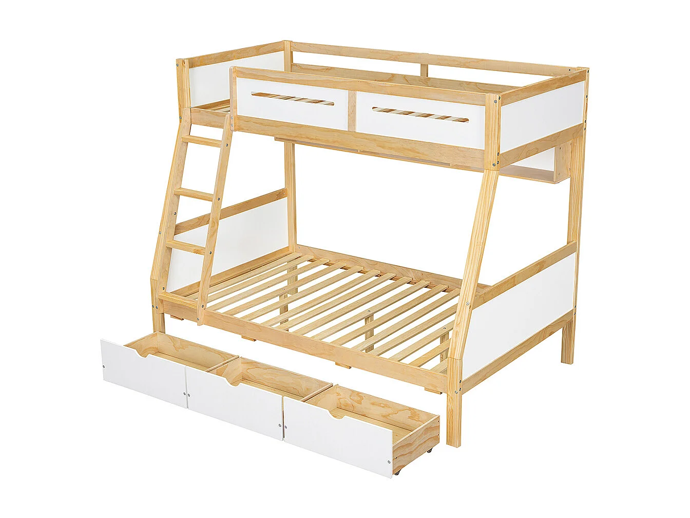 Lit superposé enfant 90x200 et 120x200 trois tiroirs roulettes support livres 2m barrière sécurité échelle pin MDF contreplaqué blanc et naturel