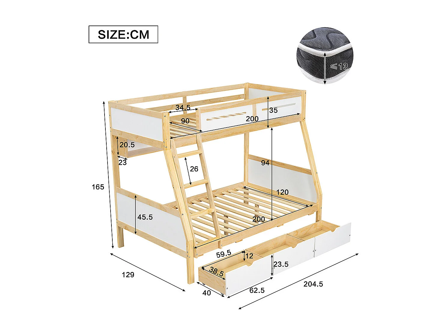 Lit superposé enfant 90x200 et 120x200 trois tiroirs roulettes support livres 2m barrière sécurité échelle pin MDF contreplaqué blanc et naturel