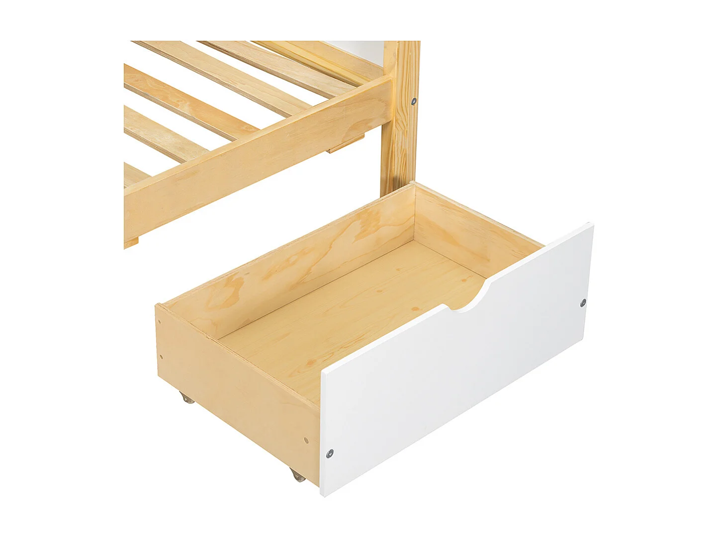 Lit superposé enfant 90x200 et 120x200 trois tiroirs roulettes support livres 2m barrière sécurité échelle pin MDF contreplaqué blanc et naturel