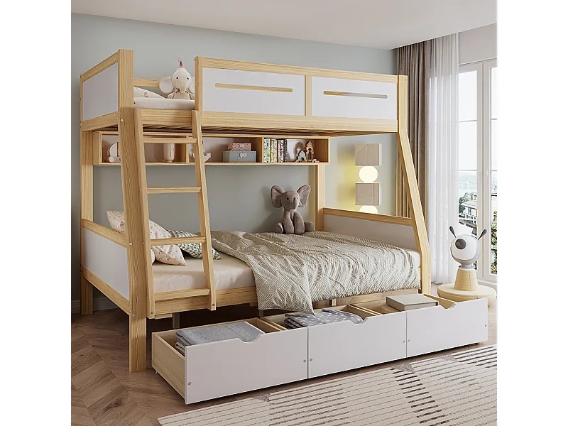 Lit superposé enfant 90x200 et 120x200 trois tiroirs roulettes support livres 2m barrière sécurité échelle pin MDF contreplaqué blanc et naturel