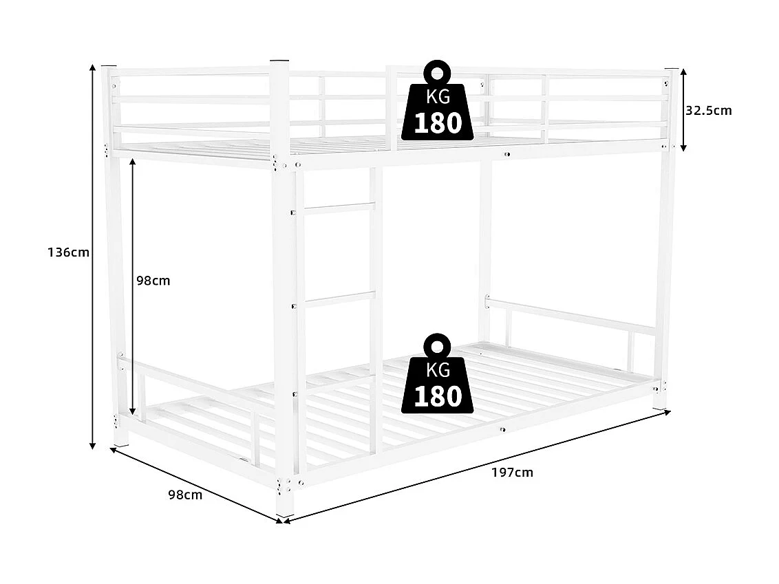 Lit superposé 90x190 métal 2 lits simples robuste stable silencieux garde-corps blanc