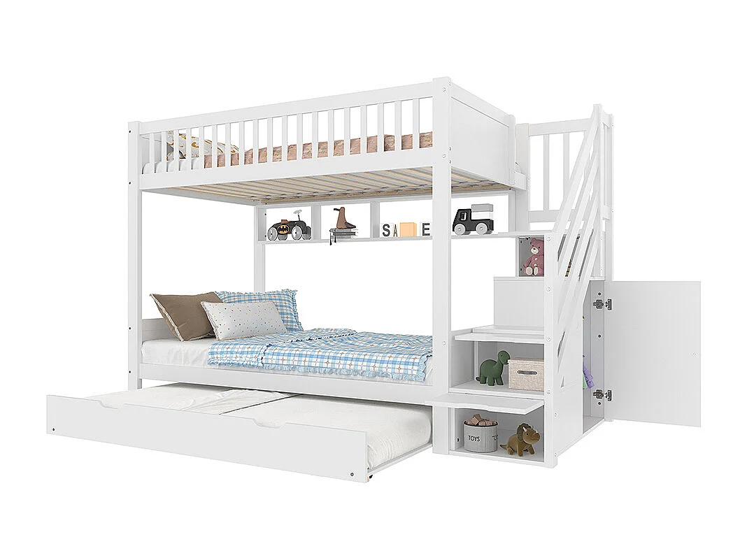 Lit superposé 90x200 cm lit enfant avec lit gigogne étagère armoire compartiment de rangement blanc
