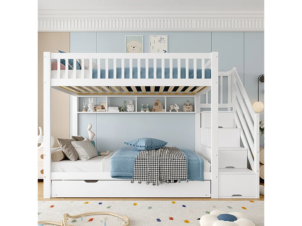 Lit superposé 90x200 cm lit enfant avec lit gigogne étagère armoire compartiment de rangement blanc