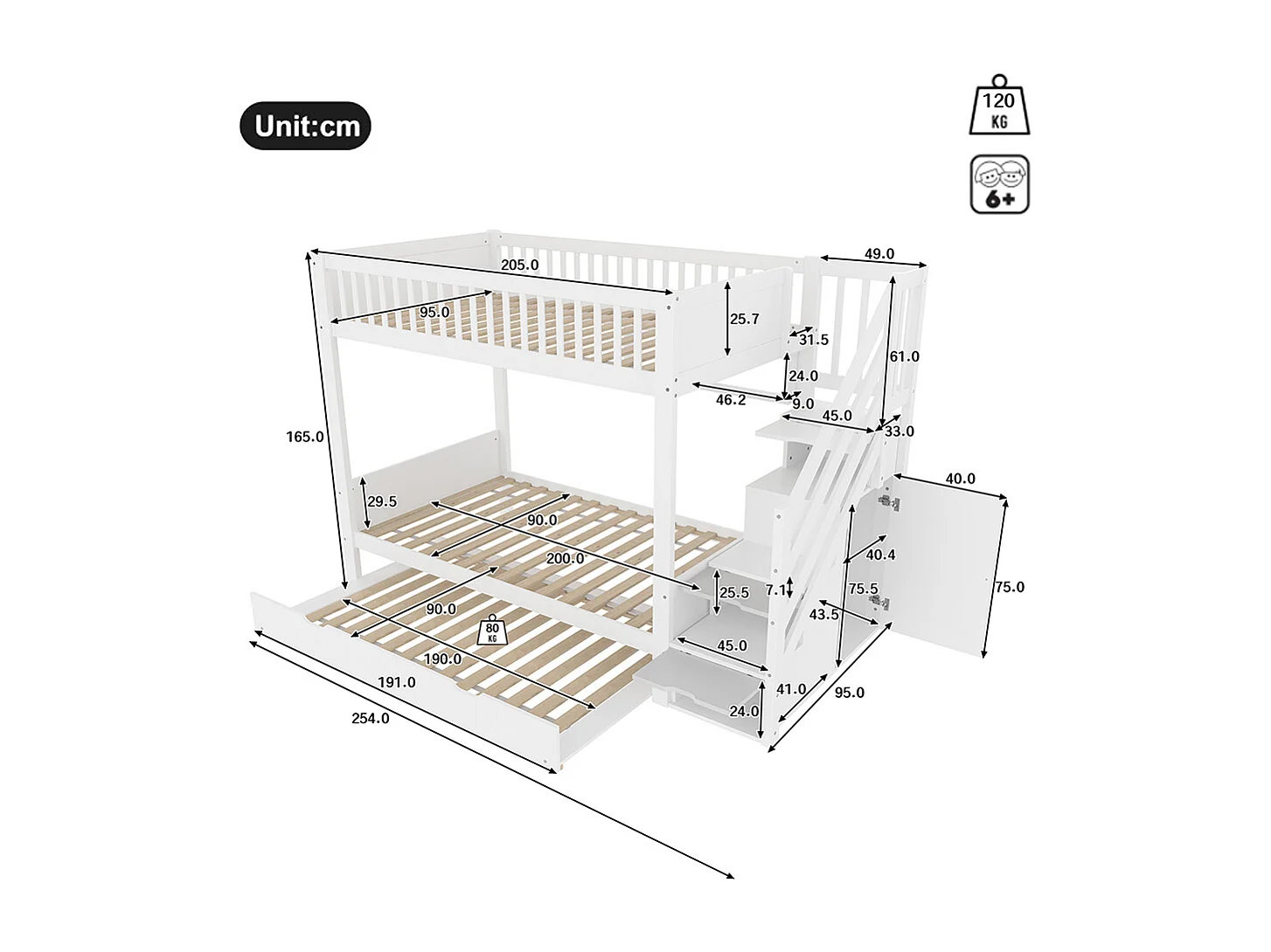 Lit superposé 90x200 cm lit enfant avec lit gigogne étagère armoire compartiment de rangement blanc