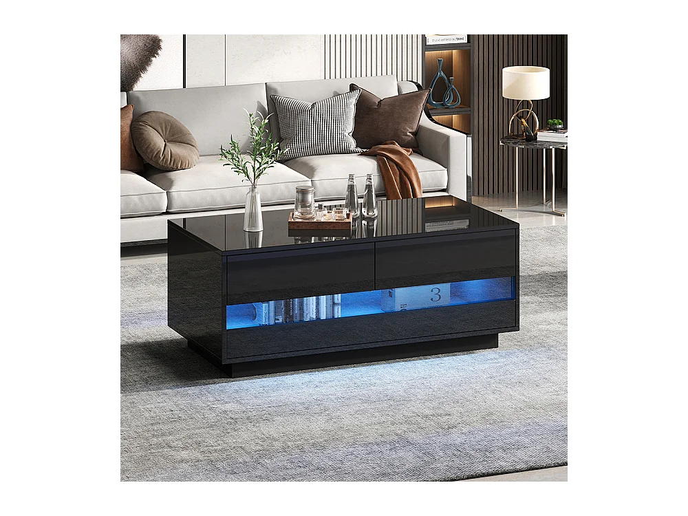 Table basse 100x50x40 cm noir LED Bluetooth verre trempé rangement 2 tiroirs