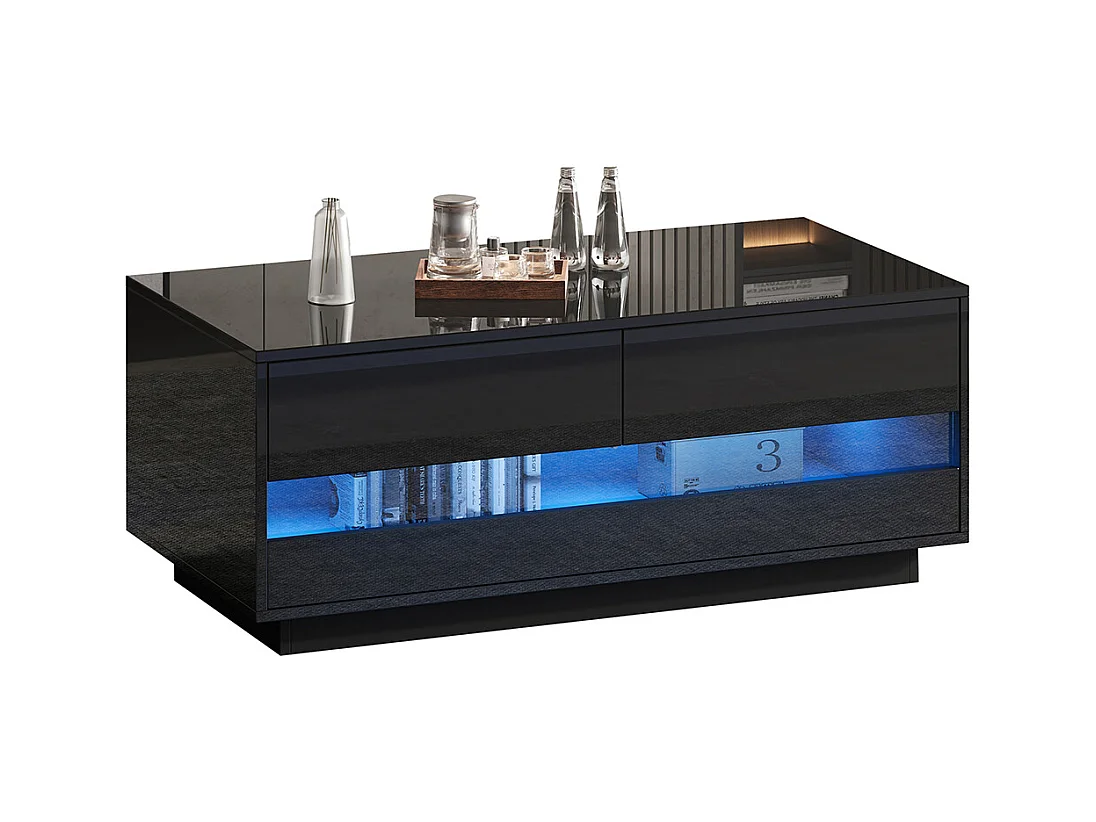 Table basse 100x50x40 cm noir LED Bluetooth verre trempé rangement 2 tiroirs