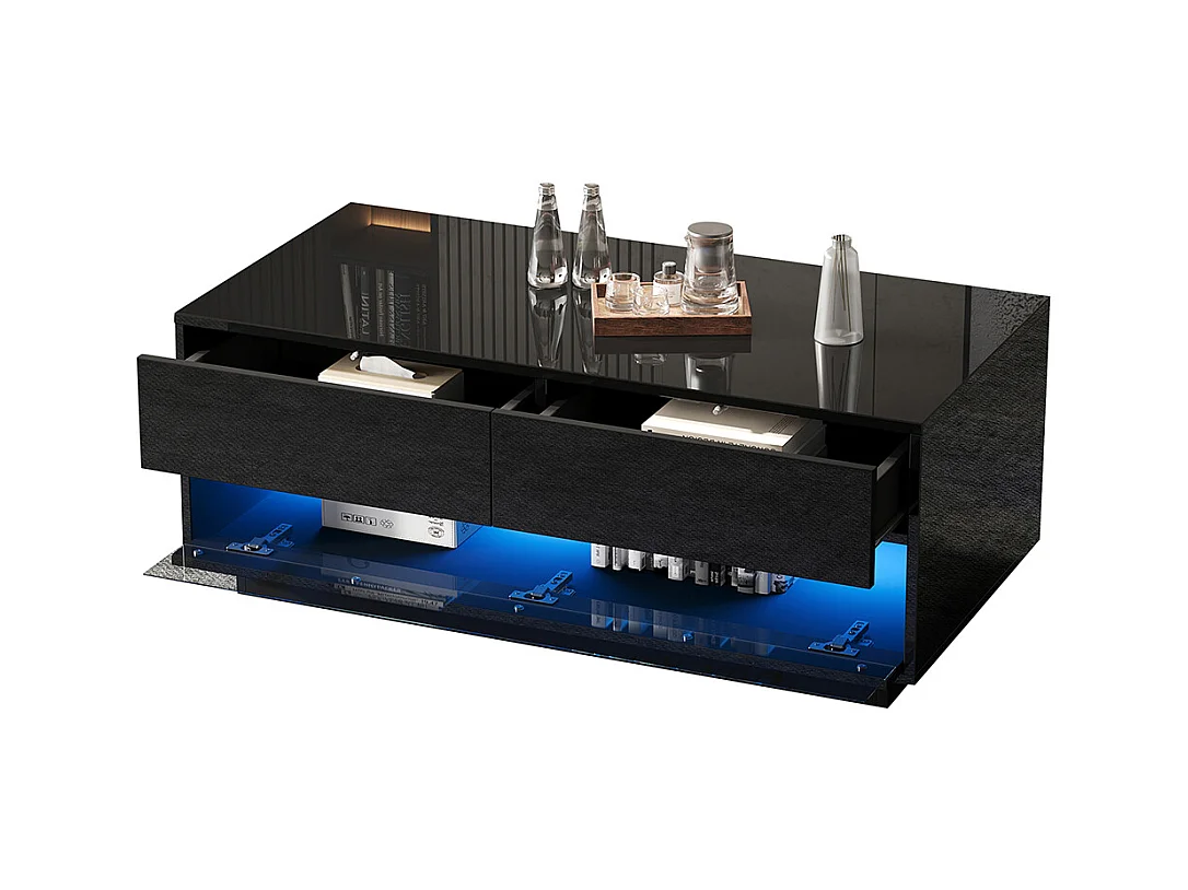 Table basse 100x50x40 cm noir LED Bluetooth verre trempé rangement 2 tiroirs