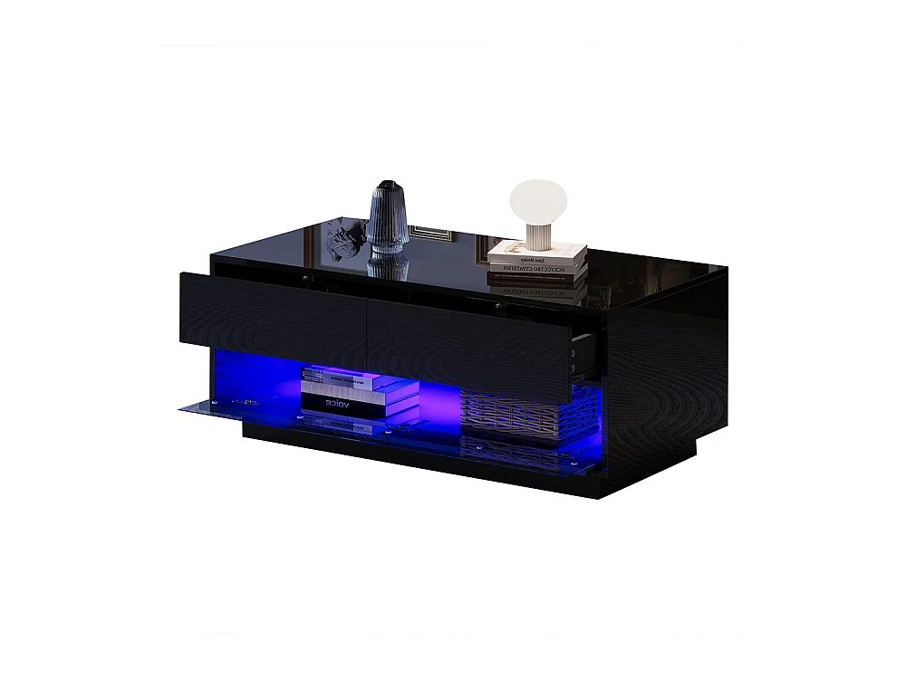 Table basse 100x50x40 cm noir LED Bluetooth verre trempé rangement 2 tiroirs