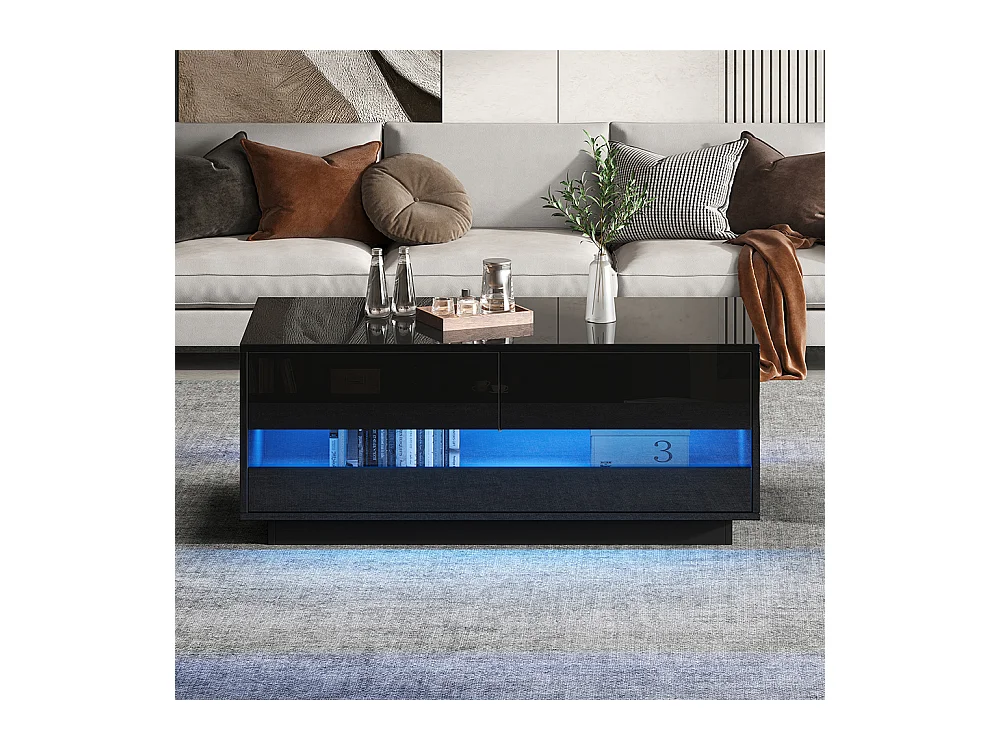 Table basse 100x50x40 cm noir LED Bluetooth verre trempé rangement 2 tiroirs