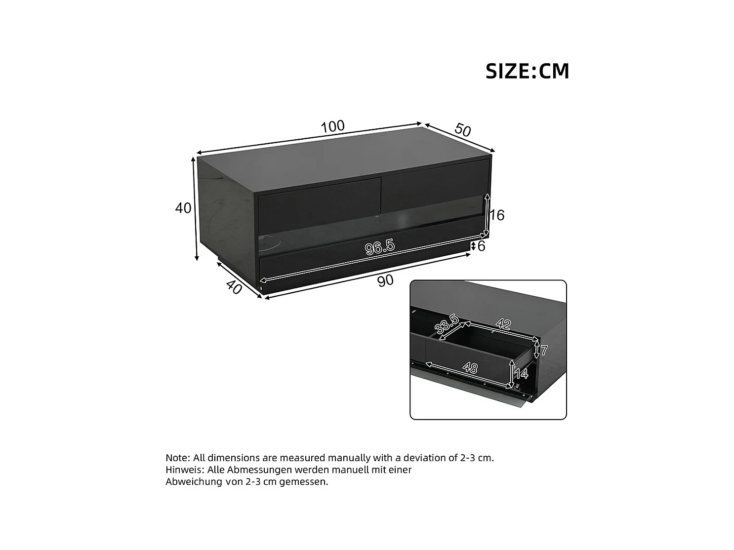 Table basse 100x50x40 cm noir LED Bluetooth verre trempé rangement 2 tiroirs