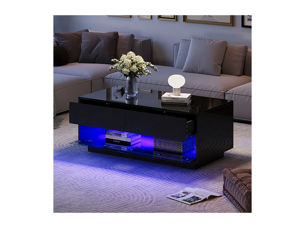Table basse 100x50x40 cm noir LED Bluetooth verre trempé rangement 2 tiroirs