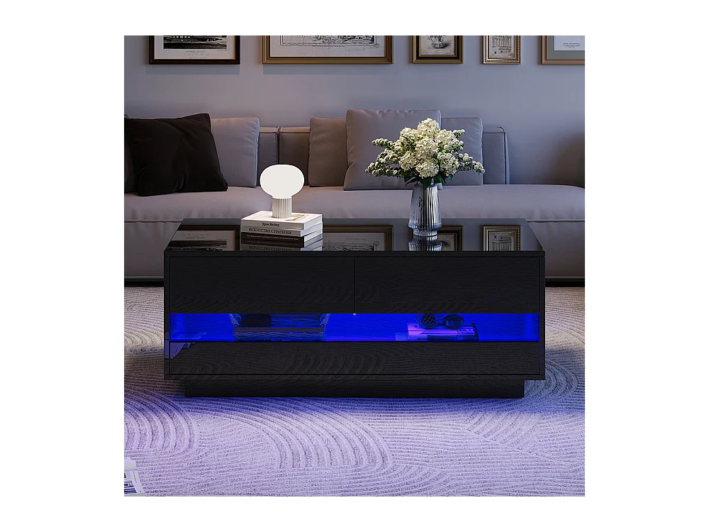 Table basse 100x50x40 cm noir LED Bluetooth verre trempé rangement 2 tiroirs