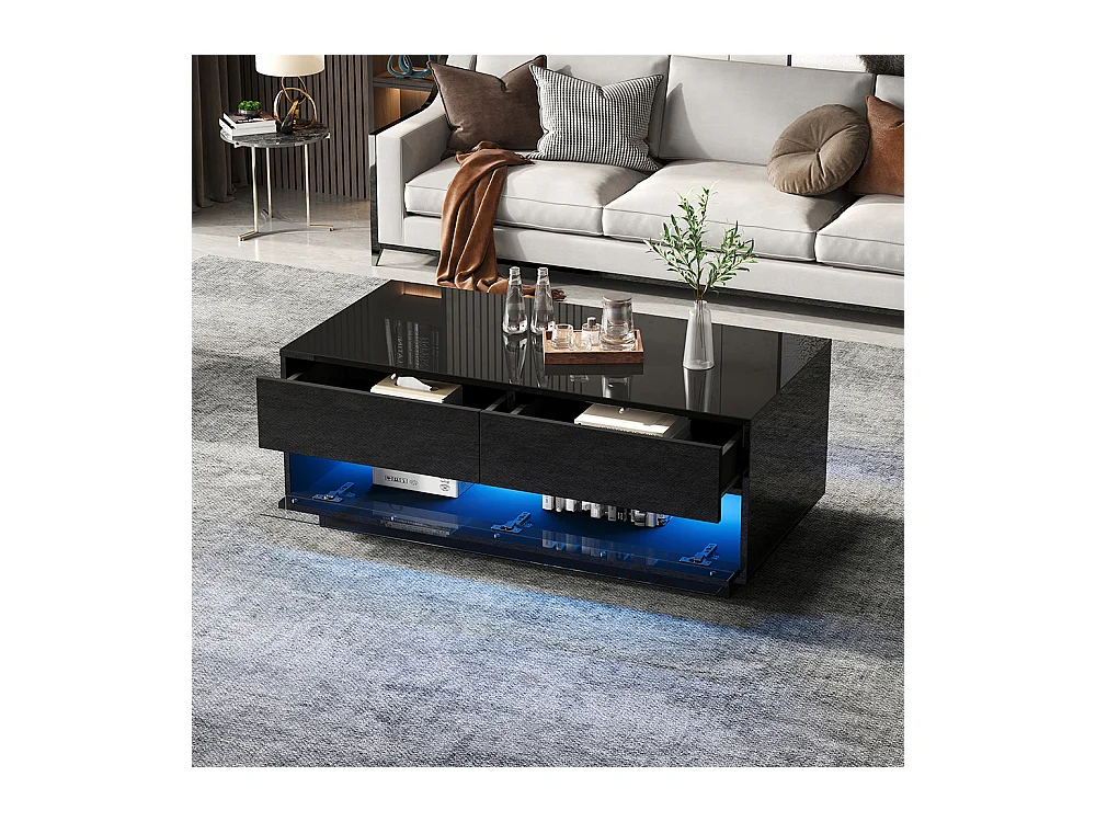 Table basse 100x50x40 cm noir LED Bluetooth verre trempé rangement 2 tiroirs