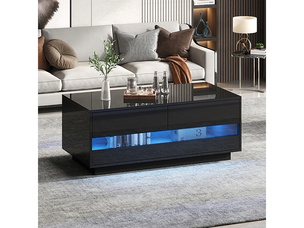 Table basse 100x50x40 cm noir LED Bluetooth verre trempé rangement 2 tiroirs
