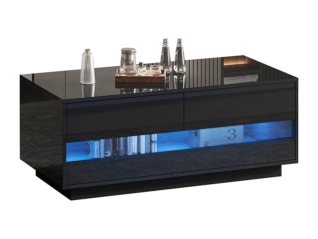 Table basse 100x50x40 cm noir LED Bluetooth verre trempé rangement 2 tiroirs