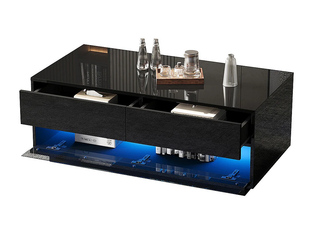 Table basse 100x50x40 cm noir LED Bluetooth verre trempé rangement 2 tiroirs