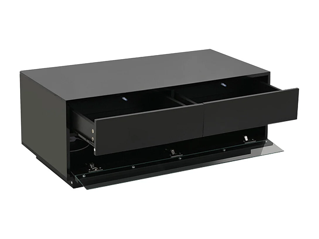 Table basse 100x50x40 cm noir LED Bluetooth verre trempé rangement 2 tiroirs