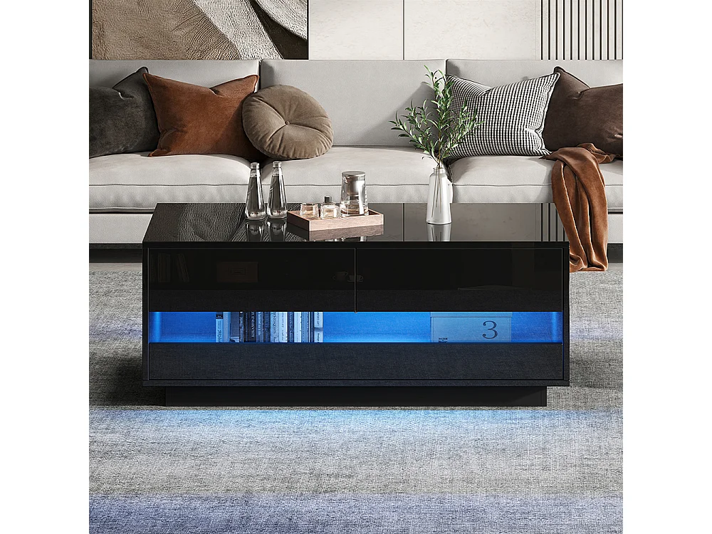 Table basse 100x50x40 cm noir LED Bluetooth verre trempé rangement 2 tiroirs