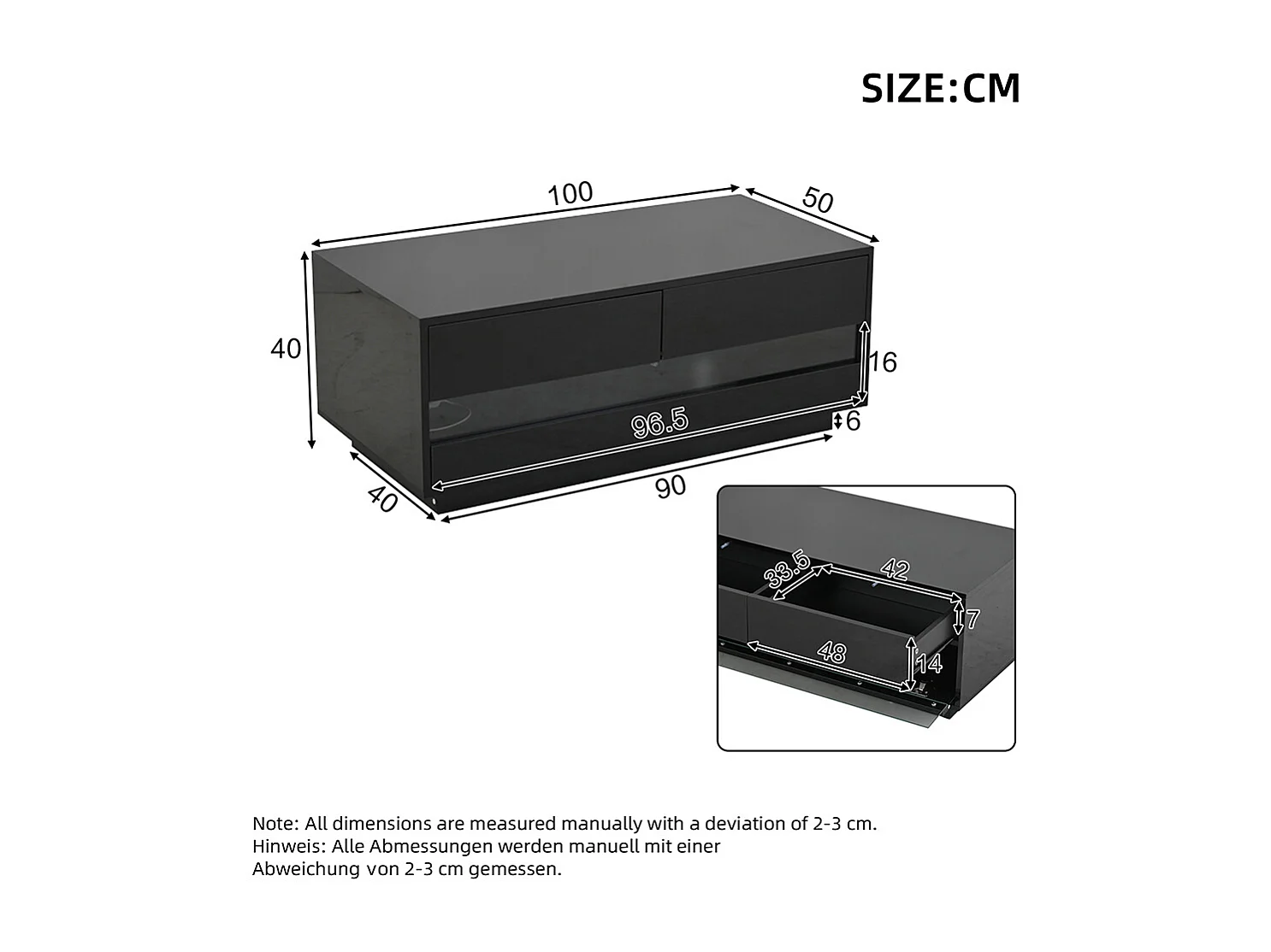 Table basse 100x50x40 cm noir LED Bluetooth verre trempé rangement 2 tiroirs
