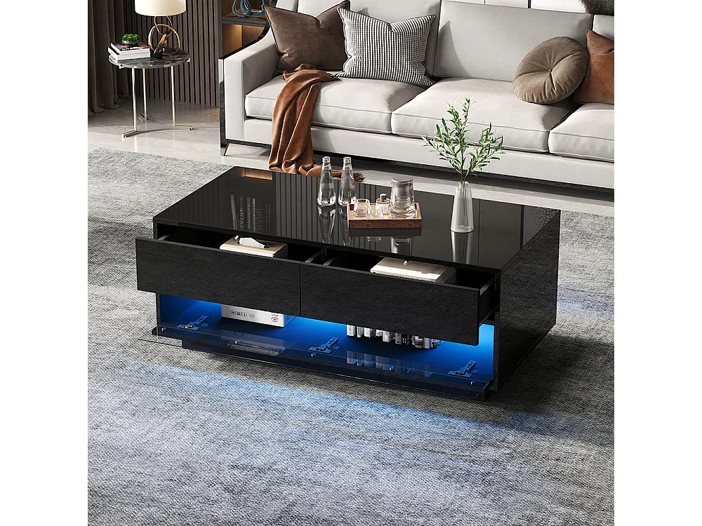 Table basse 100x50x40 cm noir LED Bluetooth verre trempé rangement 2 tiroirs